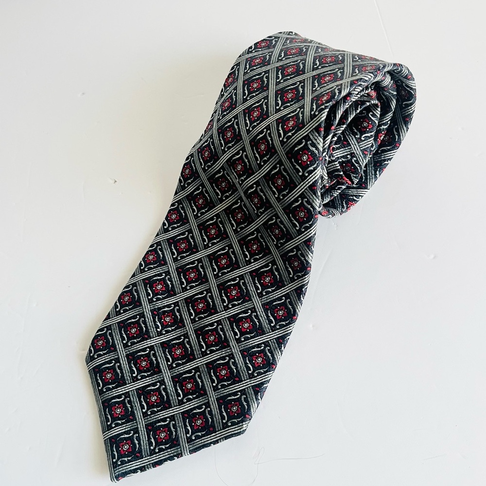Christian Dior Monsieur Vintage Silk Tie Navy Red Geometric